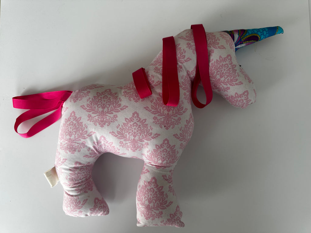 Handcrafted Heirloom Unicorn Stuffy – Pink Damask & Ribbon