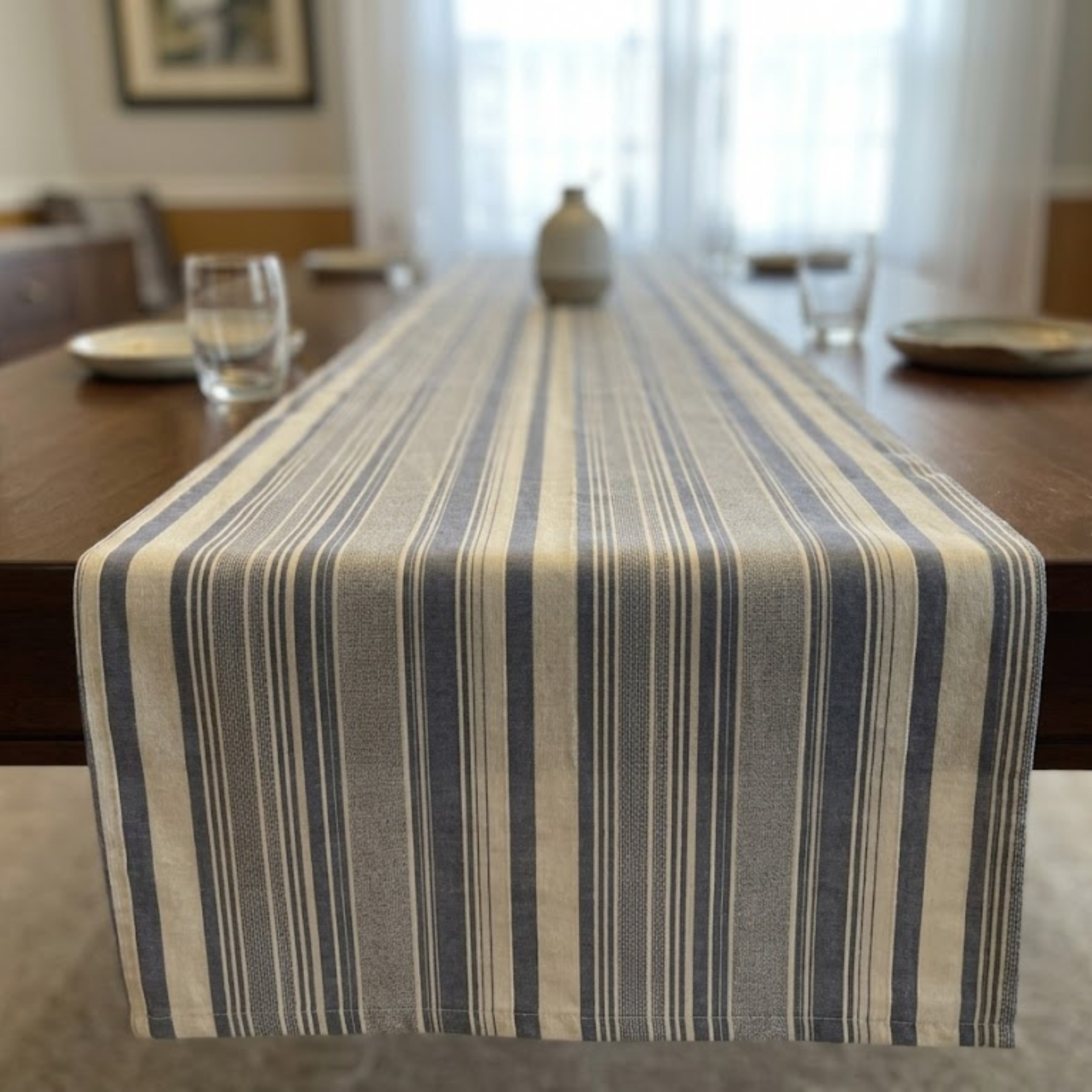 Artisan Blue & White Textured Stripe Table Runner