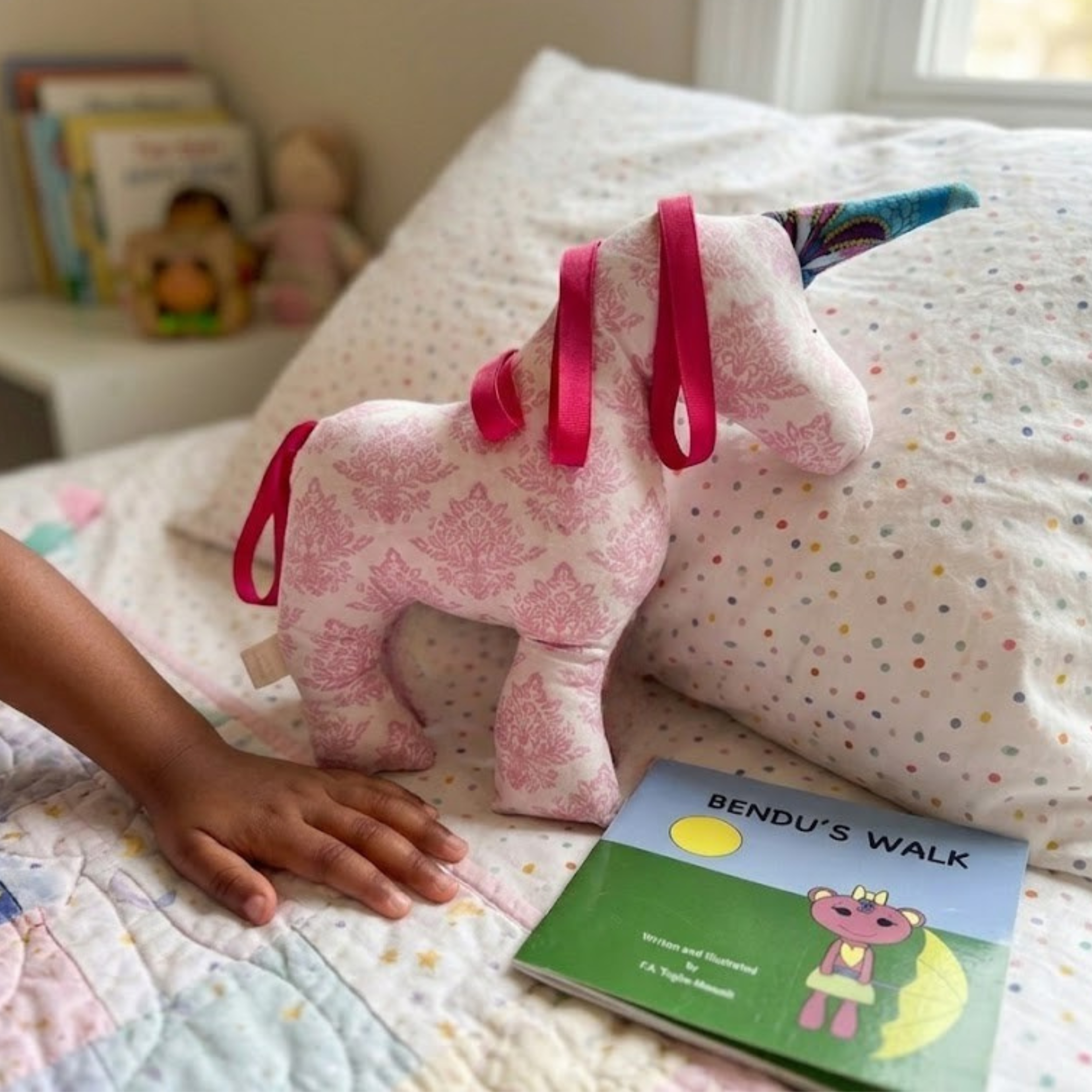 Handcrafted Heirloom Unicorn Stuffy – Pink Damask & Ribbon